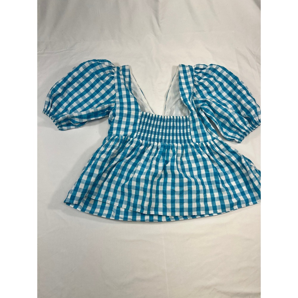 Lilly Pulitzer Gingham Tie-Front Top Puff Sleeve Blue White Blouse - Picture 3 of 5